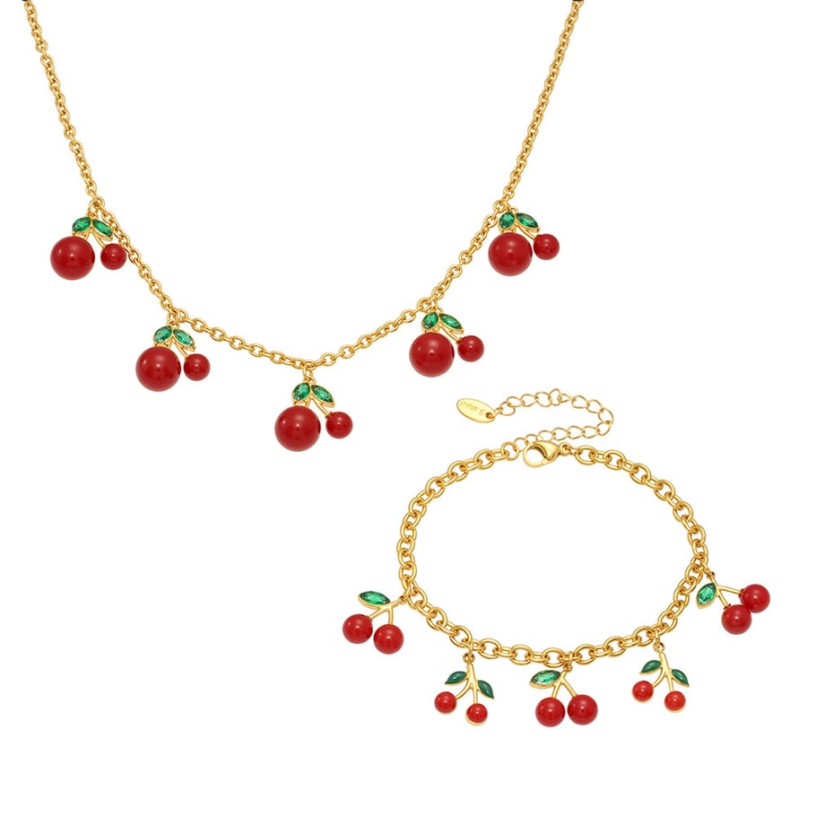 Set di gioielli da donna color oro in acciaio inossidabile color ciliegia dolce, 1 pezzo Immagine8