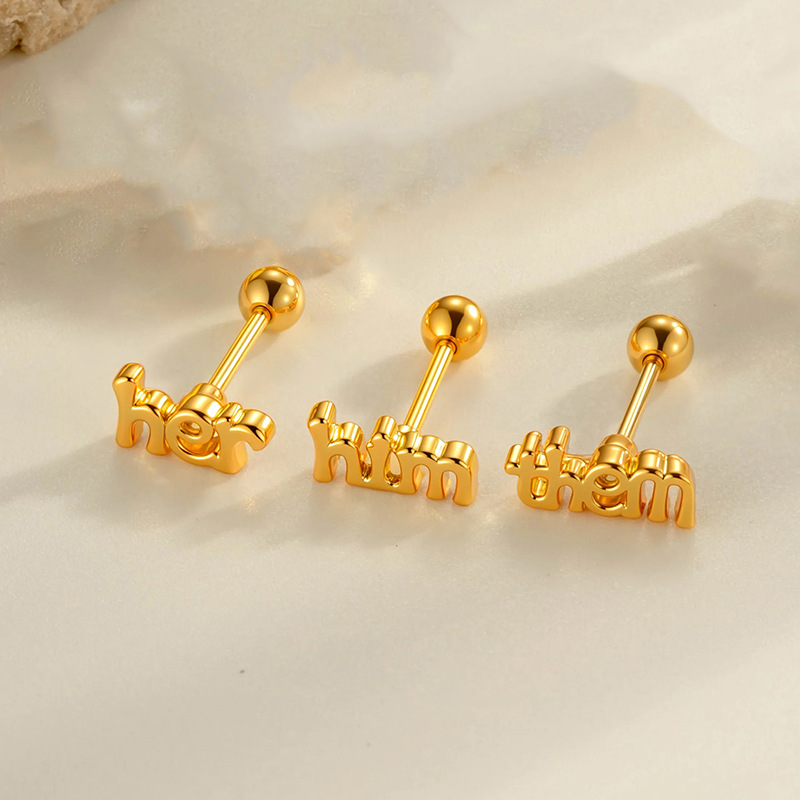 1 Adet Harfli Bakır Altın Rengi Zirkonyum Piercing Küpe Resim3