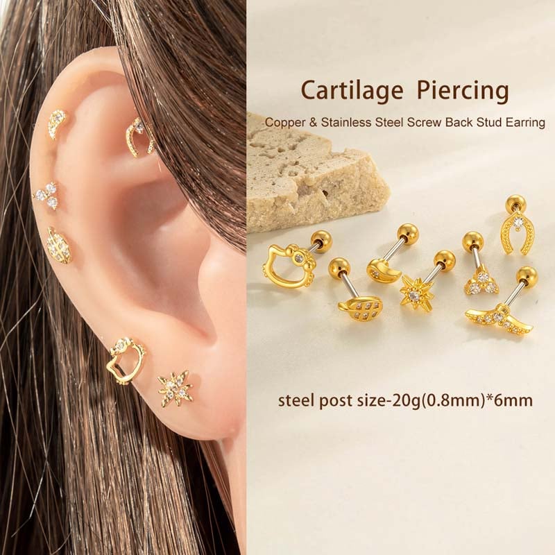 1 pieza de pendientes de perforación para mujer con hojas simples de cobre, color dorado y circonita Imagen5
