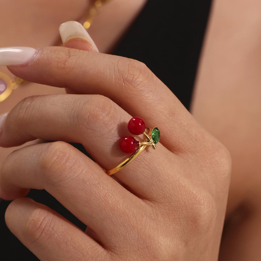 1 Piece Romantic Cherry Stainless Steel Gold Color Statement Rings Picture4