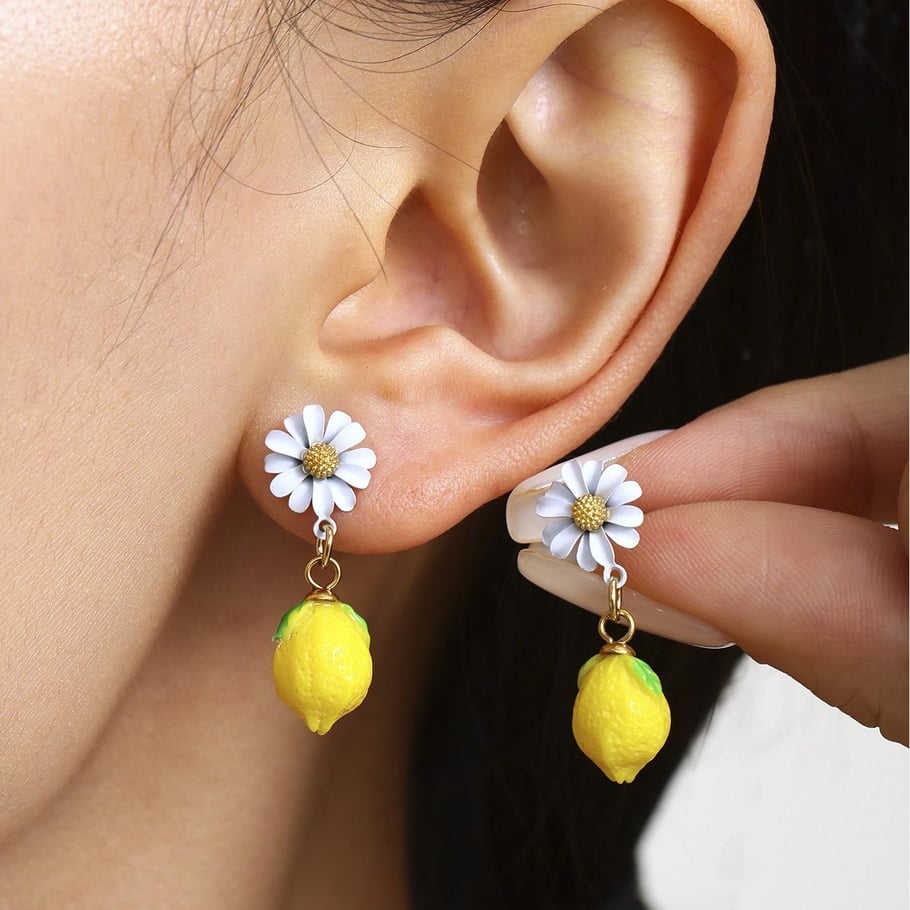 1 Pair Natural Lemon Stainless Steel Gold Color Women's Drop Earrings Picture7