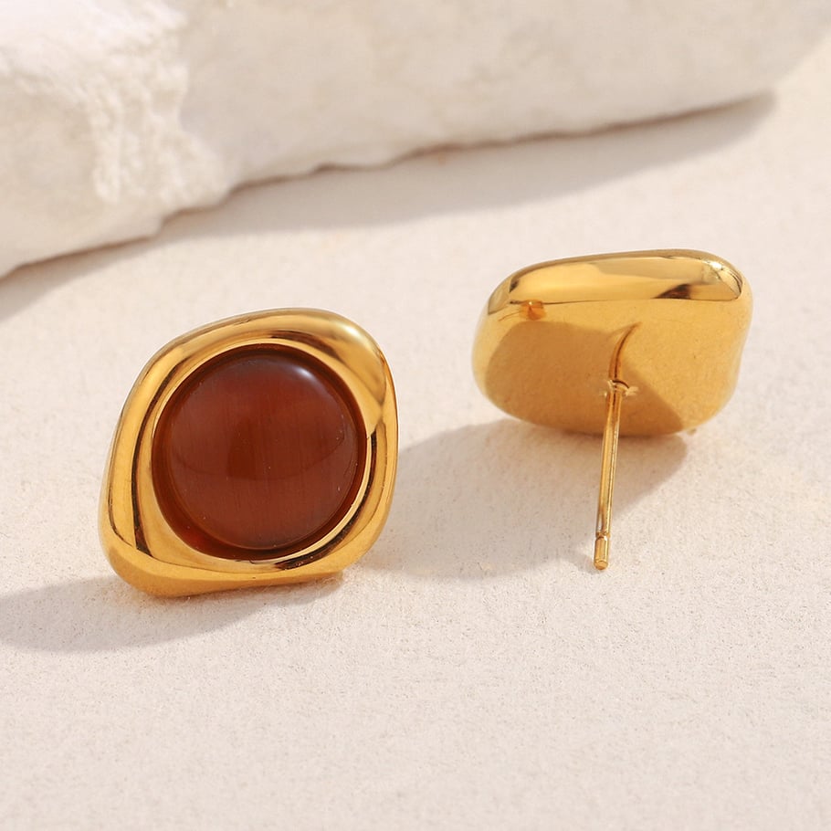 1 Pair Classic Annular Natural Stone Stainless Steel Gold Color Women's Stud Earrings Picture7