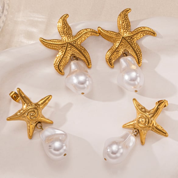 1 Pair Starfish Stainless Steel  Gold Color Drop Earrings