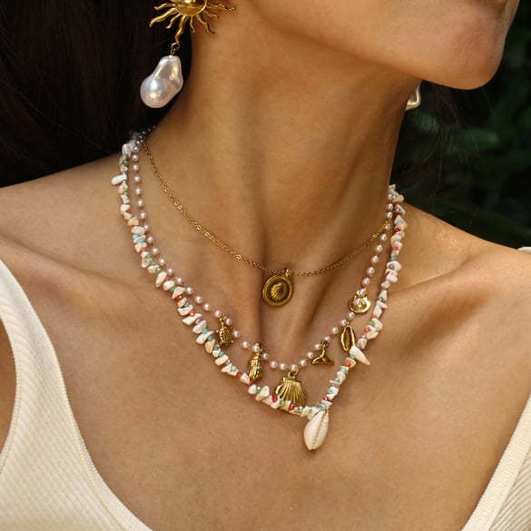 1 Piece Shell Natural Stones Gold Color Beaded Necklace 2