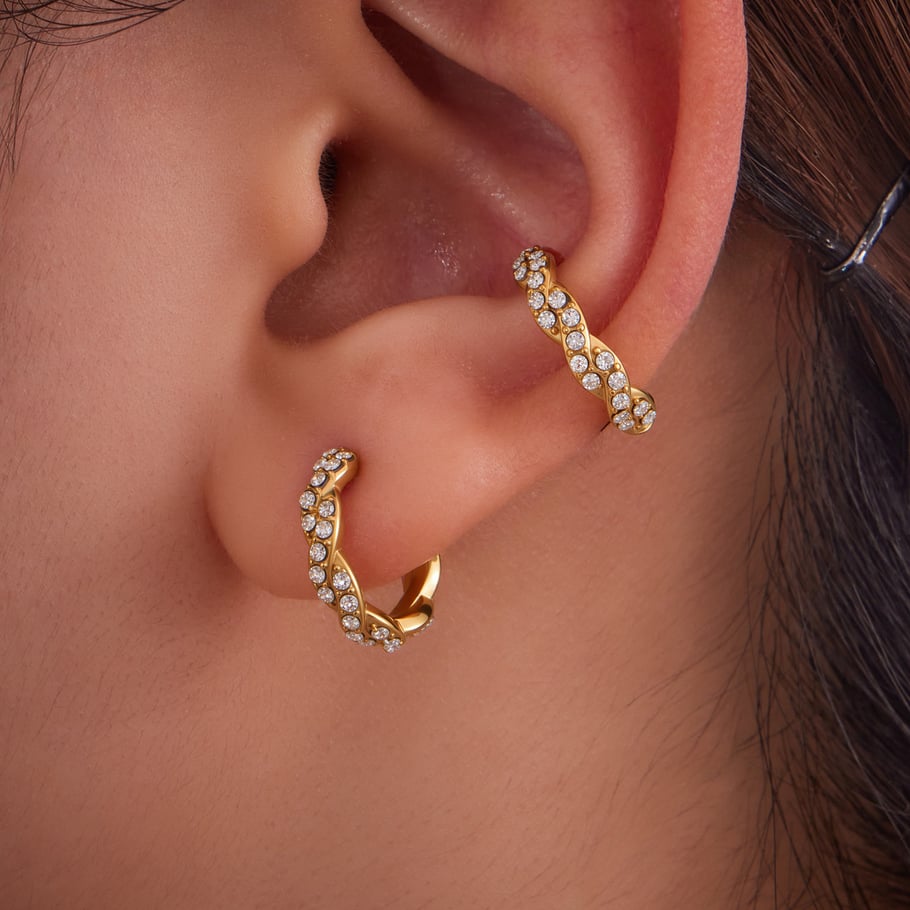 1 paar Twist Circle roestvrij staal goudkleurige zirkonia oormanchetten voor dames Afbeelding5