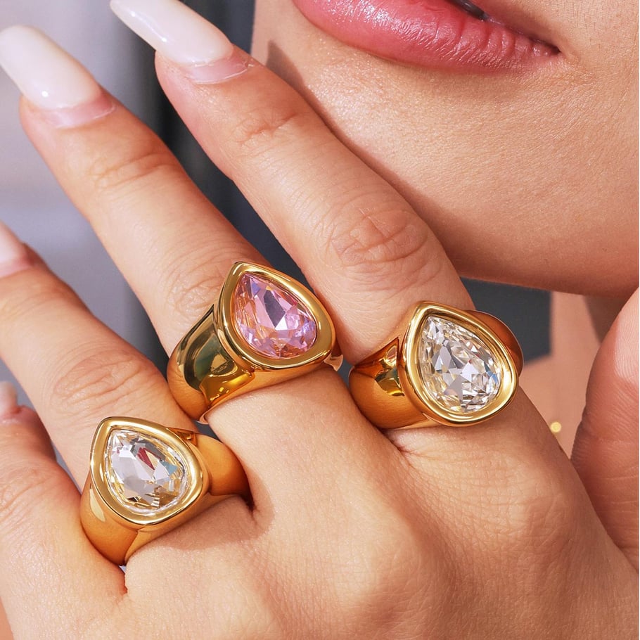1 Piece Romantic Droplet Stainless Steel Gold Color Zircon Women's Gemstone Rings Picture5