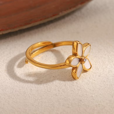 1 anillo llamativo de acero inoxidable con diseño de flor elegante y concha de color dorado. h5 Imagen5