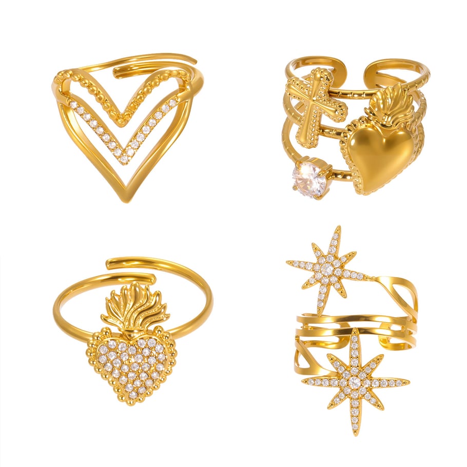 1 pezzo di anelli eleganti in acciaio inossidabile color oro con cuore e stella Immagine7