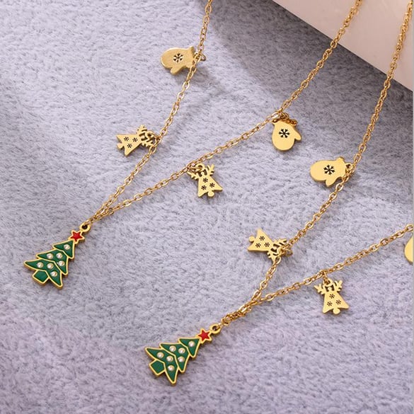 Colliers pendentifs pour femmes en acier inoxydable avec zircon couleur or et motif sapin de Noël 2