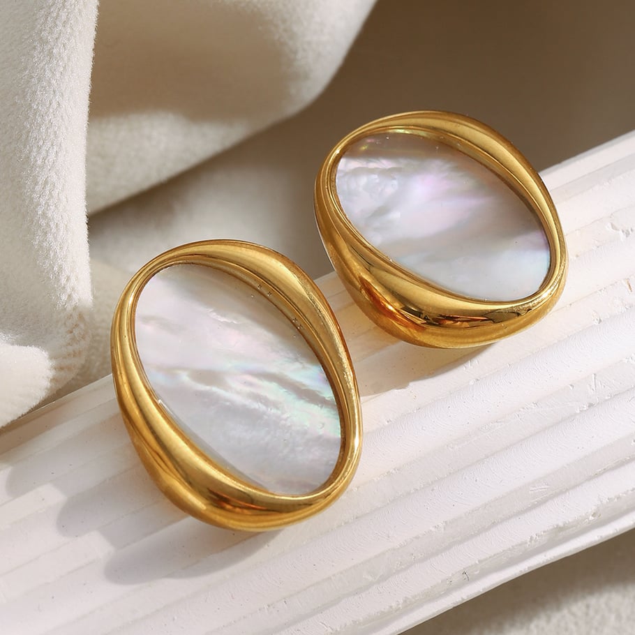 Anillos llamativos de concha de color dorado, de acero inoxidable ovalado retro, de 1 pieza Imagen6