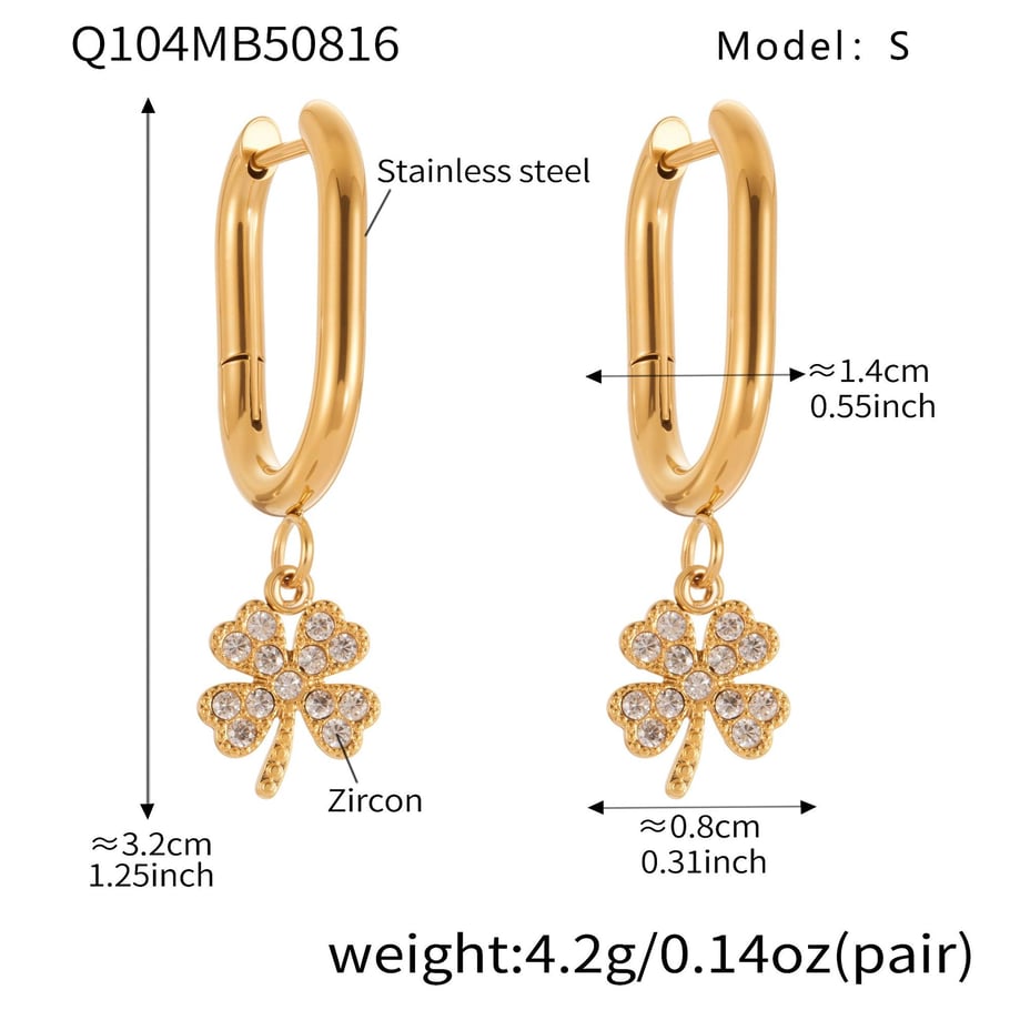 1 Pair Elegant Clover Stainless Steel Gold Color Zircon Women's Drop Earrings 