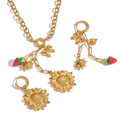 Set di collane in acciaio inossidabile color oro con fiore romantico e fragola h5 Immagine5