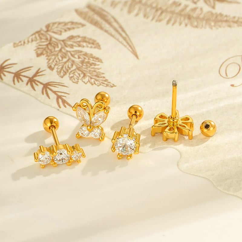 1 stuk bloem strik knoop vlinder koper goud kleur zirkoon piercing oorbel Afbeelding3