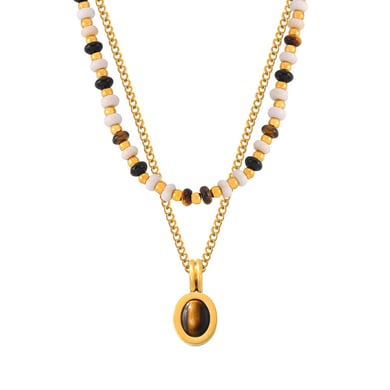 1 pezzo classico ovale in pietra naturale in acciaio inossidabile color oro, collane con perline da donna h5 Immagine3