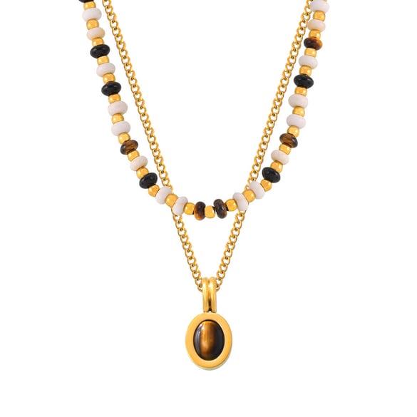 1 pezzo classico ovale in pietra naturale in acciaio inossidabile color oro, collane con perline da donna