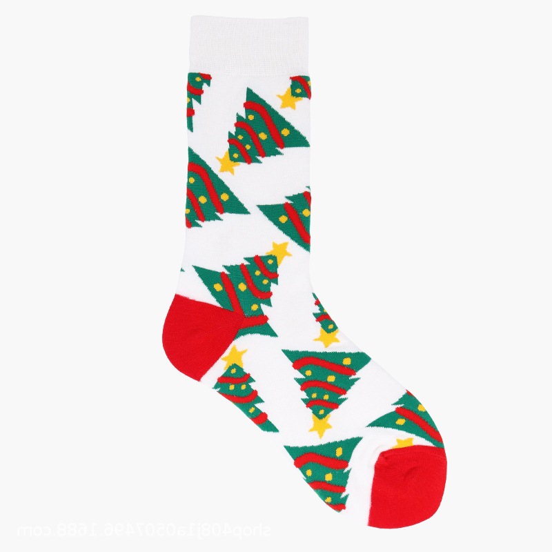 1 paire de chaussettes mi-mollet élégantes en coton pour femme, motif sapin de Noël 