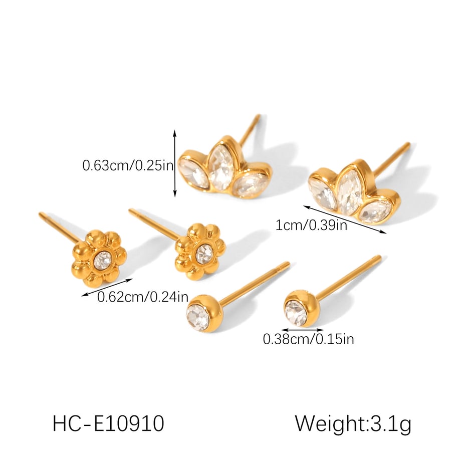 1 ensemble de boucles d&#39;oreilles à tige en acier inoxydable doré et zircon pour femme Image2