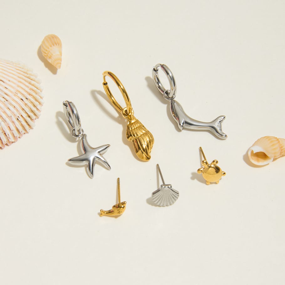 1 set di orecchini da donna color oro in acciaio inossidabile con organismo marino Immagine4