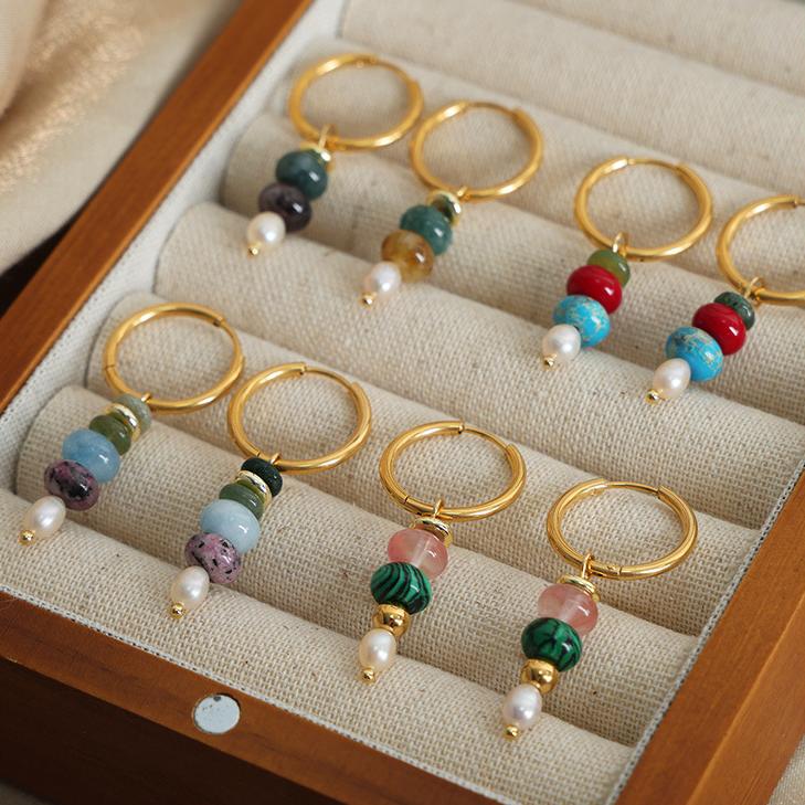 1 Paar elegante Perlen Edelstahl Naturstein Damen Tropfen Ohrringe Bild5