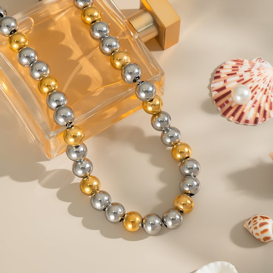 Collier de perles de couleur mixte en acier inoxydable doré, 1 pièce Image2