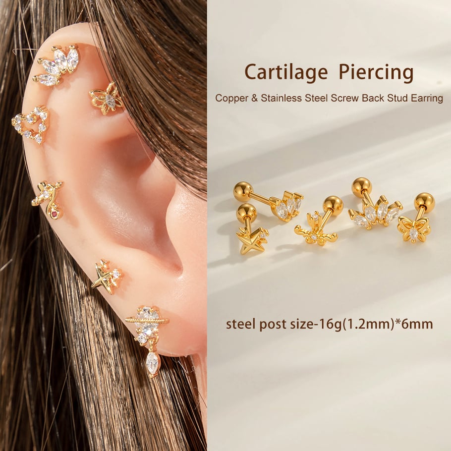 1 pendiente de perforación con forma de corazón, mariposa, color cobre, dorado y circonita. Imagen4