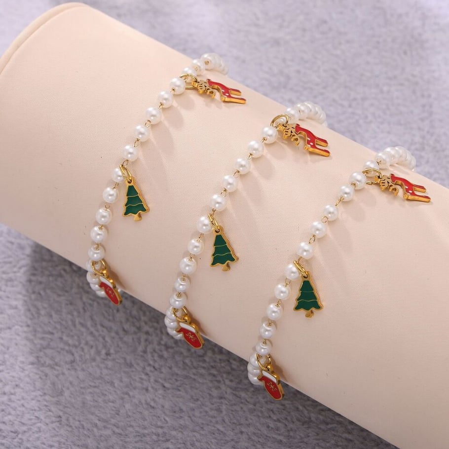Lussuosi set di gioielli natalizi da donna in acciaio inossidabile color oro con perle artificiali Immagine4