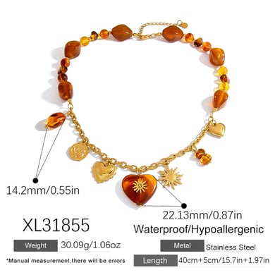 1 Piece With  Amber  Colored Resin Beaded Heart Pendant Women's Beaded Necklaces h5 Picture2