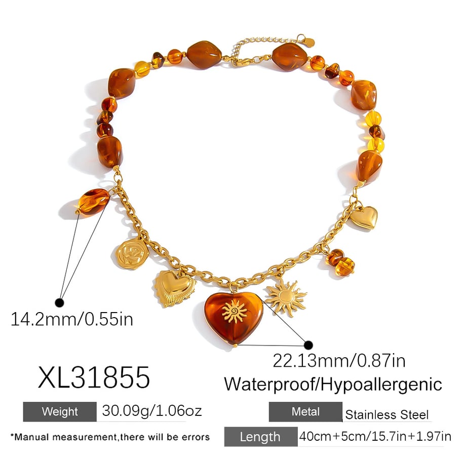 1 Piece With  Amber  Colored Resin Beaded Heart Pendant Women's Beaded Necklaces Picture2