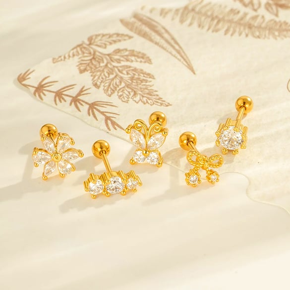 1 Stück Blume Bogen Knoten Schmetterling Kupfer Gold Farbe Zirkon Piercing Ohrring 2