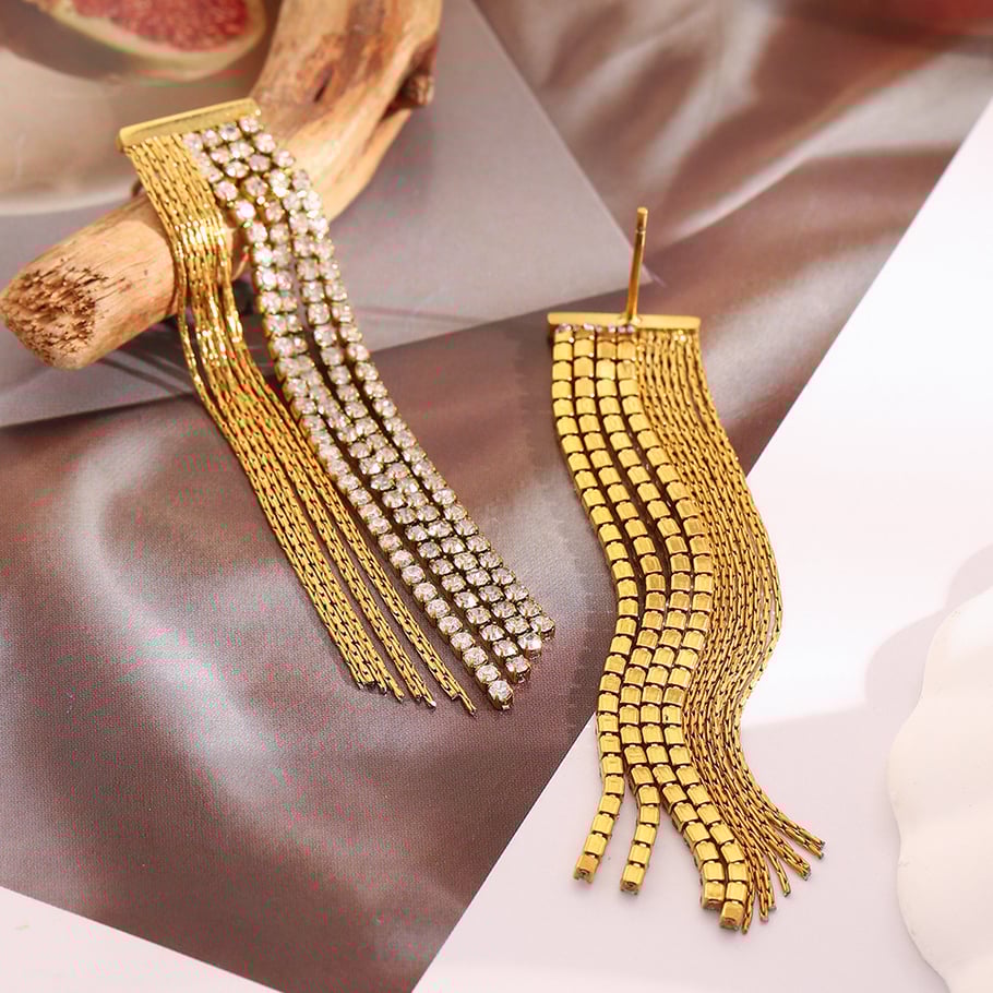 1 Pair Exquisite Tassel Stainless Steel Gold Color Zircon Women's Dangle Earrings h5Picture4