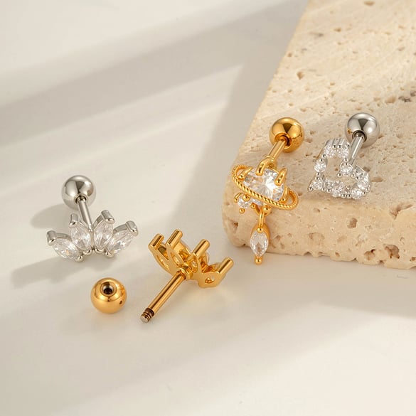 1 Piece Heart Butterfly Copper Gold Color Zircon Piercing Earring