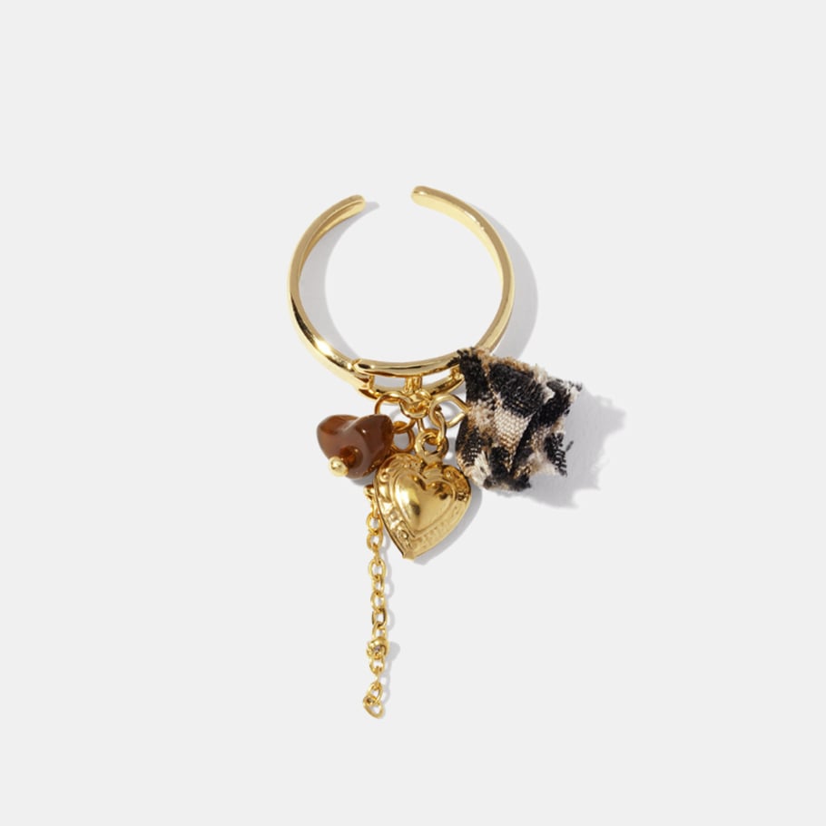 1 Piece Heart Stainless Steel Leopard Fabric Gold Color Statement Ring 