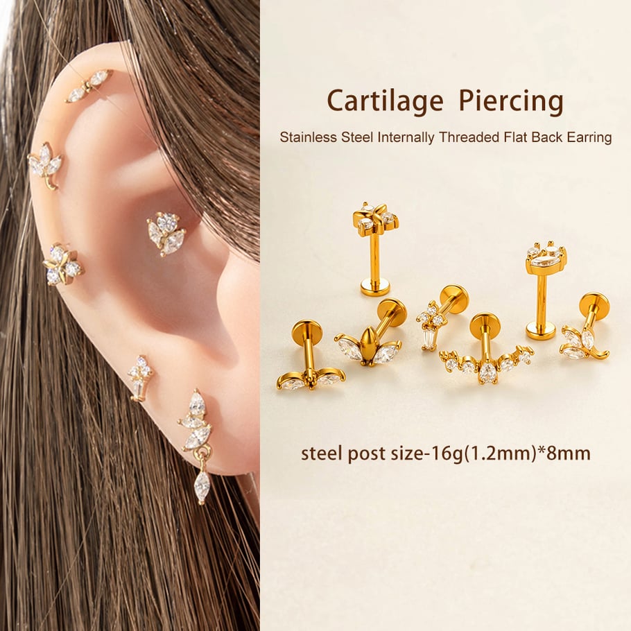 1 Piece Leaf Shape Stainless Steel Gold Color Zircon Piercing Earring h5Picture4