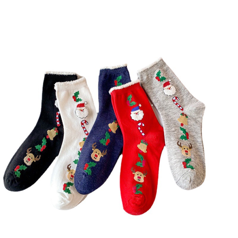 1 paire de chaussettes mi-mollet classiques en coton pour femme, motif Père Noël Image3