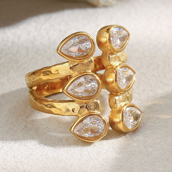 1 Piece Elegant Droplet Double-layer Stainless Steel Gold Color Zircon Women's Gemstone Rings 2