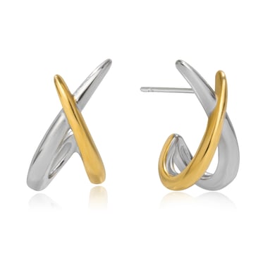 1 paio di orecchini a bottone da donna in acciaio inossidabile color oro con linee incrociate h5 