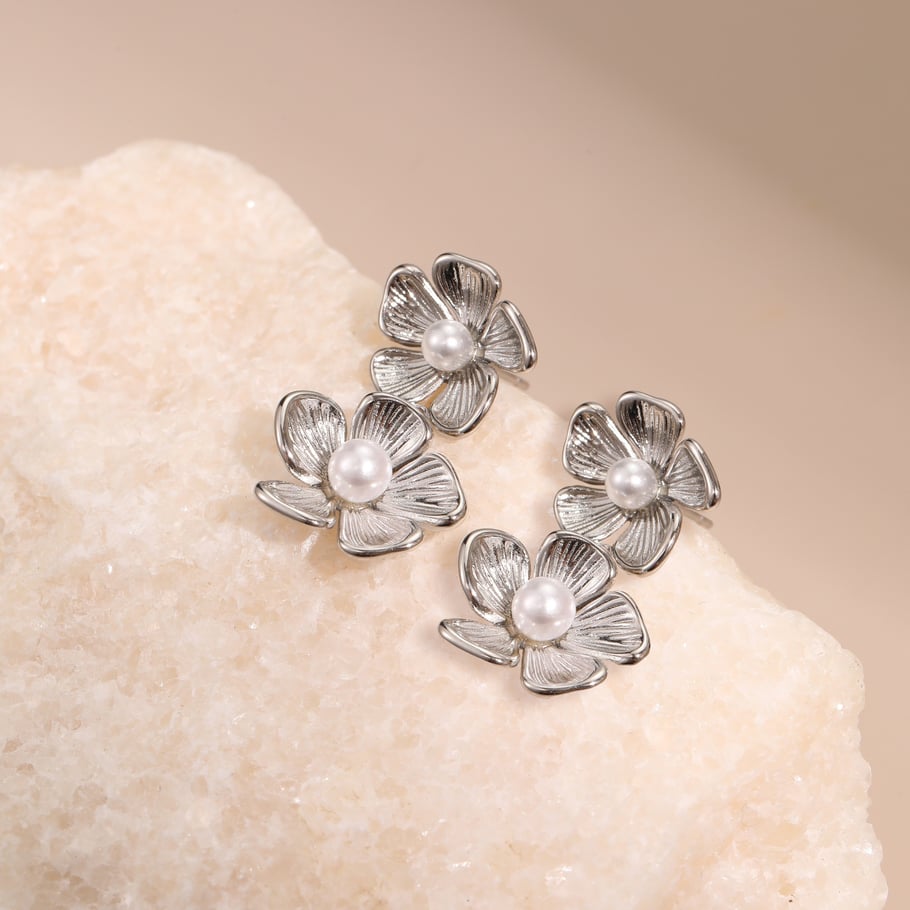 1 Paar luxuriöse, elegante Ohrringe mit Blumen- und Schleifenknoten aus Edelstahl für Damen Bild4