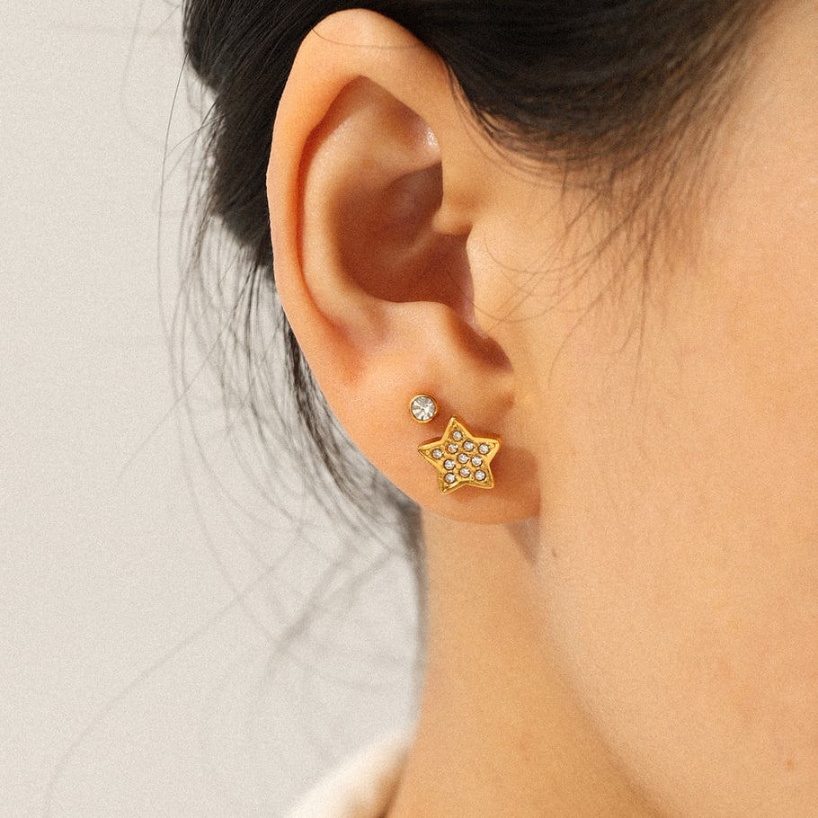 1 set di orecchini da donna di lusso in acciaio inossidabile con stella e luna color oro e zirconi Immagine4