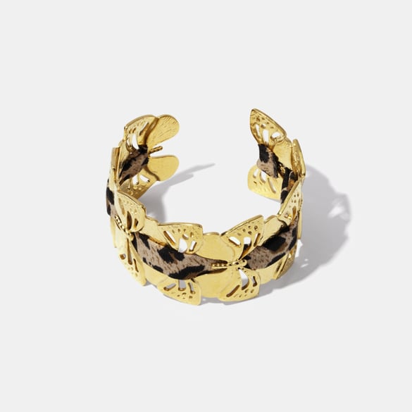 1 Piece Leopard Fabric Butterfly Stainless Steel Gold Color Cuff Bracelet 2