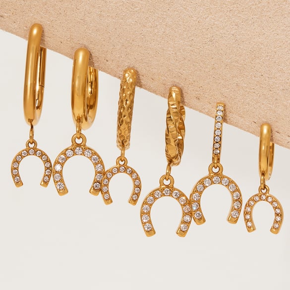 1 Pair Luxurious Horseshoe-shaped Stainless Steel Gold Color Zircon Women's Drop Earrings
