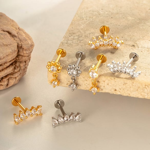 1 Adet Çiçek Ay Bakır Altın Rengi Zirkonyum Piercing Küpe 2
