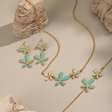 Romantic Series Elegant Flower Stainless Steel Gold Color Rhinestone Necklace Set h5 Picture2