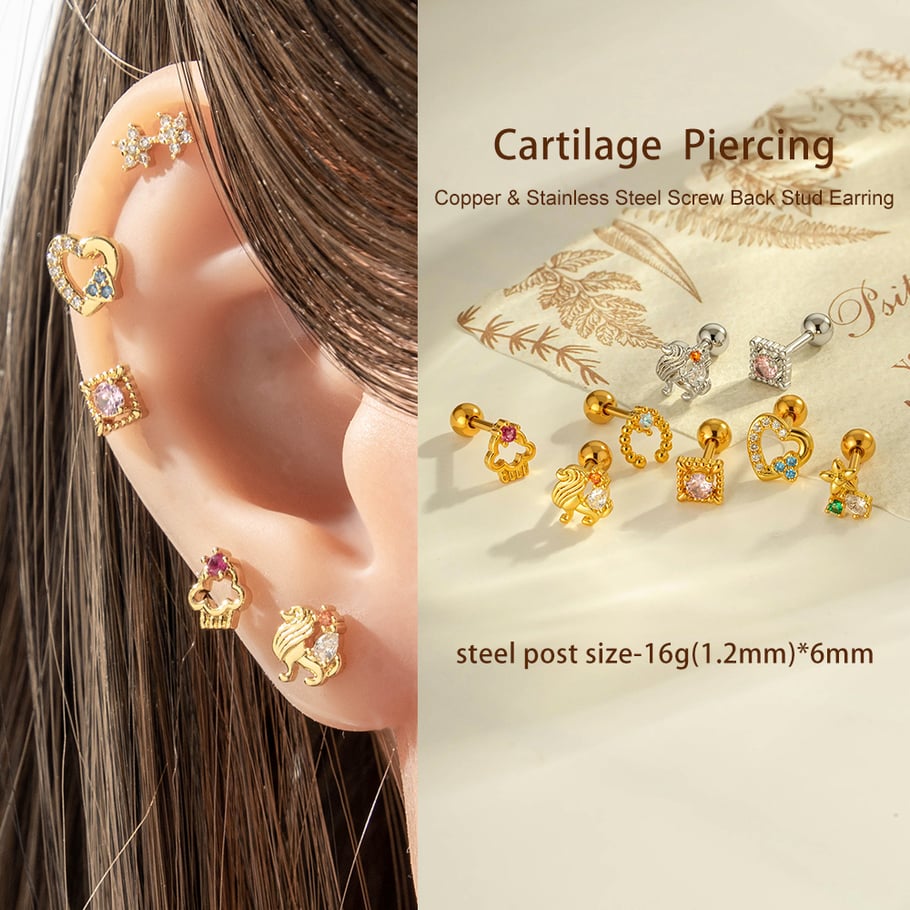 1 stuk hart koper goud kleur zirkoon piercing oorbel Afbeelding4