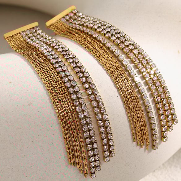 1 Pair Exquisite Tassel Stainless Steel Gold Color Zircon Women's Dangle Earrings 2