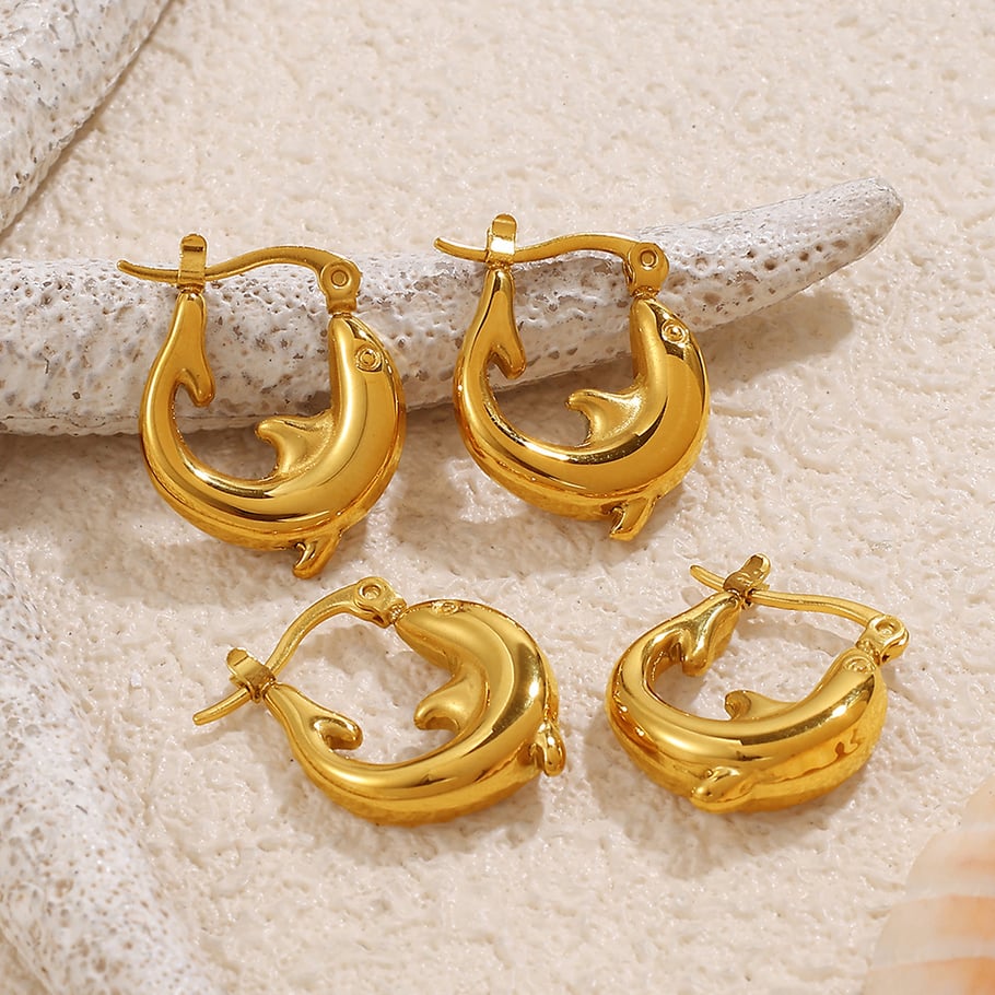 1 Pair Dolphin Stainless Steel Gold Color Hoop Earrings h5Picture2