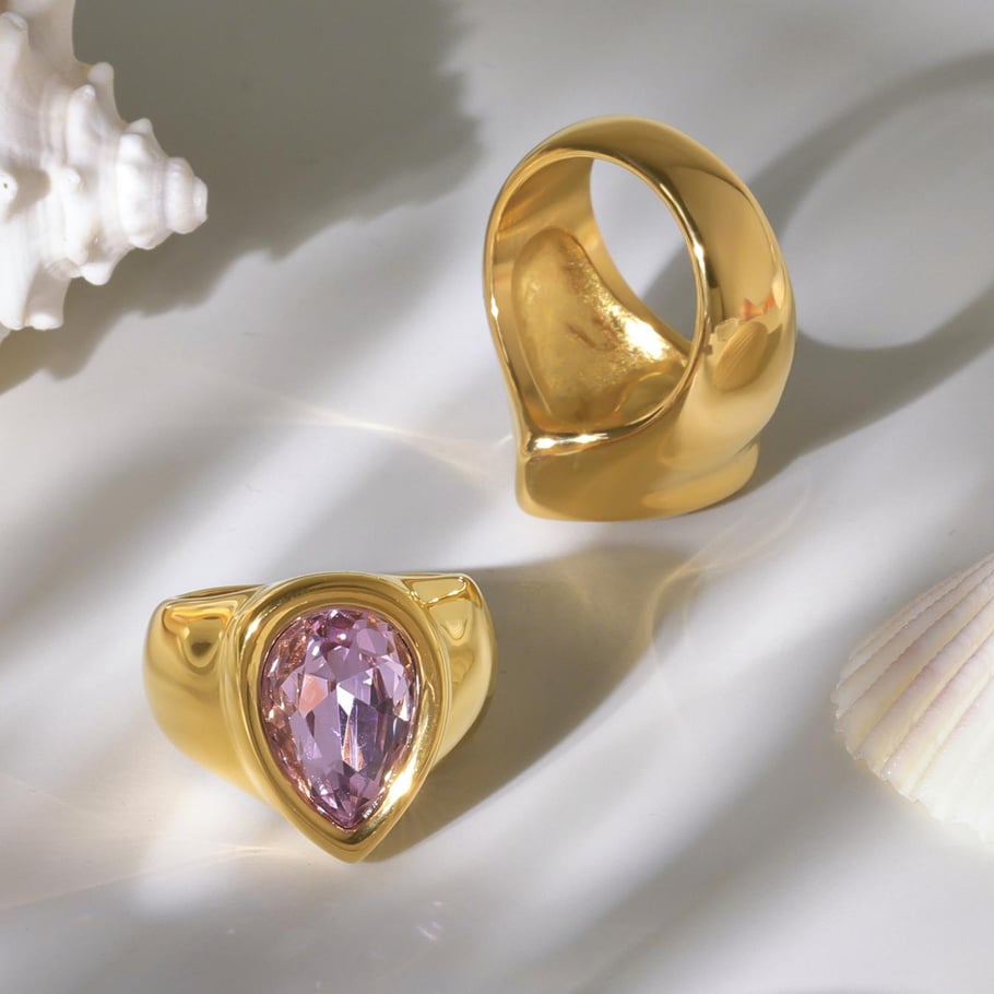 1 Piece Romantic Droplet Stainless Steel Gold Color Zircon Women's Gemstone Rings Picture6