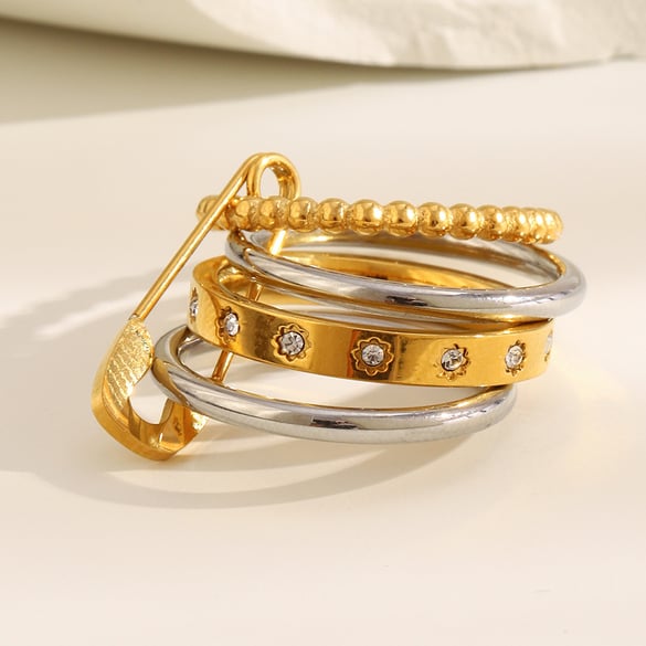 1 Piece Classic Mixed Gold & Silver Colors Stainless Steel Zircon Statement Rings 2