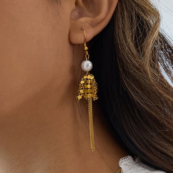 1 par de lujosos pendientes colgantes de acero inoxidable con borlas y circonitas de color dorado para mujer