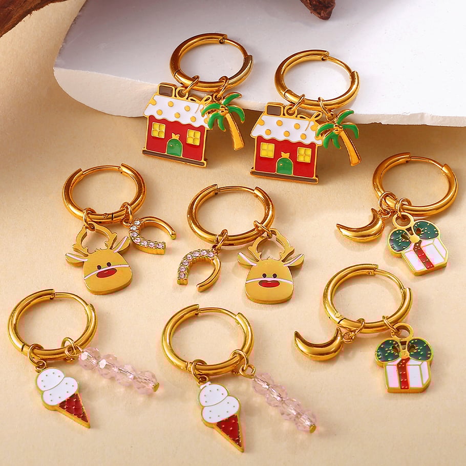 1 paire de boucles d&#39;oreilles pendantes de Noël en acier inoxydable couleur or Image3