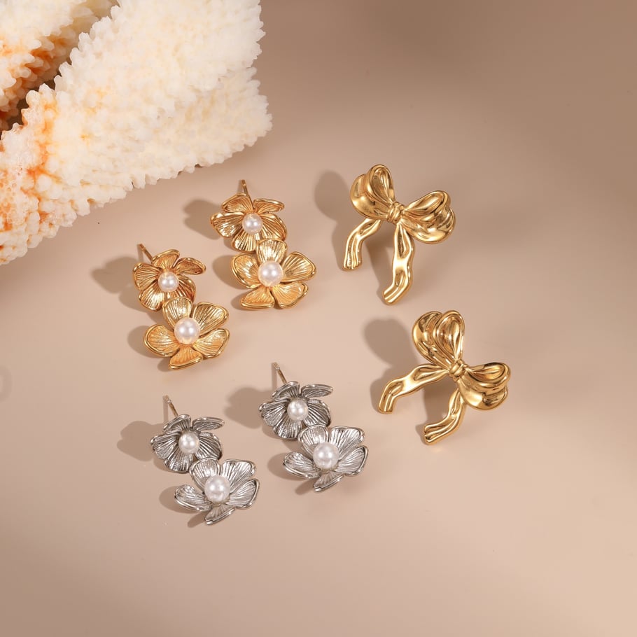 1 Paar luxuriöse, elegante Ohrringe mit Blumen- und Schleifenknoten aus Edelstahl für Damen Bild2
